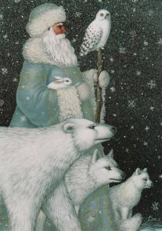 an image of santa claus and his white wolf friends in the snow with owls on their shoulders