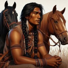 a native american man sitting next to two horses