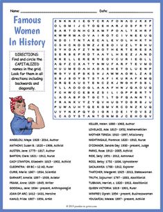 the famous women in history word search puzzle game for adults and children, with answers