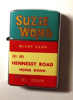 a blue and red lighter with the words suzie wong on it's side