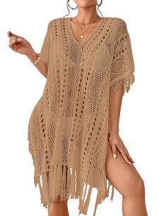 PRICES MAY VARY. One Size: Stylish crochet cover ups for women, fits US size S, M, L, XL Bust: 58" Length: 30"(Excluding tassel) Soft Material: Made from a skin-friendly and lightweight knit fabric, this crochet swim cover up is perfect for hot summer days at the beach or pool Stylish Details: The knit cover up features v neck and a flowing silhouette with tassel sleeves and hem, making it a chic and exquisite addition to your swimwear collection Easy to Wear: With its side split and loose fit d Crochet Beach Wear Plus Size, Cover Up Outfits, Knit Beachwear, Casual Crochet Beach Cover-up, Spring Crochet Cover-up For Beachwear, Fitted Crochet Cover-up For Vacation, Crochet Swimsuit Cover, Summer Crochet Beachwear Dress For Beach Cover-up, Tassel Sleeves