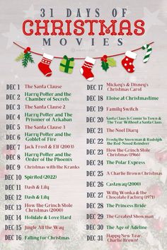 the christmas movies list is shown in red, green and white with presents on it