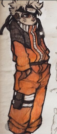 a drawing of a man in an orange jacket with his hand on his hip, and another drawing of a cat behind him