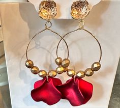 Rich and silky red lucite petals with gold accents on these beautiful, light weight earrings. Red Petal, Red Petals, Red Silk, Light Weight Earrings, Gold Accents, Dangle Earrings, Hoop Earrings, Red, Gold