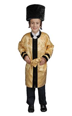 a young boy wearing a golden coat and black hat