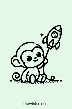 a black and white drawing of a monkey holding a rocket