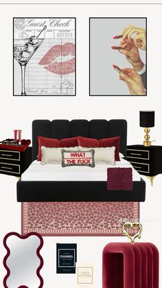 a bedroom with red and black furniture, art work, and pictures on the wall