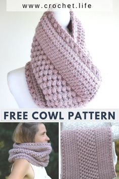 the crochet cowl scarf is shown in three different pictures and has text overlay