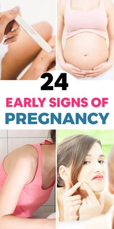 pregnant women with the words, 24 early signs of pregancy on their stomach