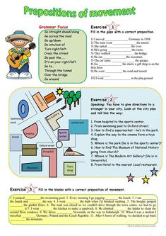 the worksheet for prepositions of movement with an image of a man holding a guitar