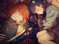 two anime characters laying next to each other with their eyes closed and one holding his head