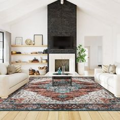 a living room filled with furniture and a fire place in the middle of a room