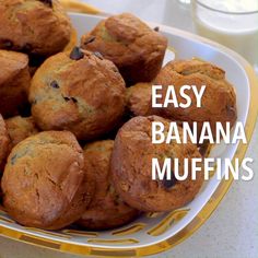 banana muffins in a yellow and white bowl with the words easy banana muffins