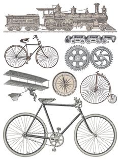 an old fashioned bicycle with gears on the front and back wheels, as well as a train