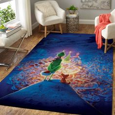 a living room area rug with an image of a bird sitting on top of a star