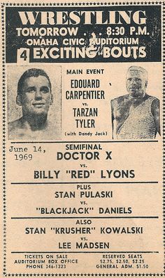 an old wrestling flyer with two men on the front and one man on the back