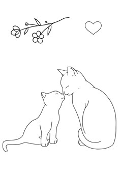 two cats sitting next to each other in front of a tree with leaves and hearts