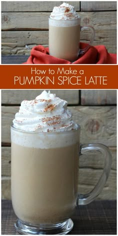 pumpkin spice latte in a glass mug with whipped cream on top