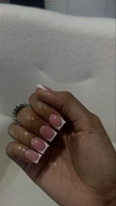 French Tip With Pink Acrylic Nails, White French Tips On Brown Skin, Unique Short Acrylic Nails Square, Deep Arch French Nails, Short Junk Nails, Polish Nails, Hard Nails, Drip Nails