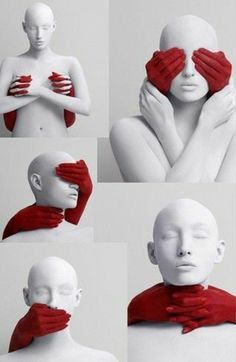 multiple shots of a mannequin with red scarf covering his face