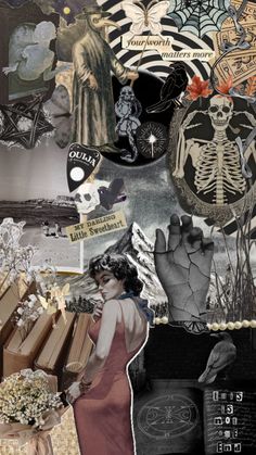 an altered collage with many different things in the background, including books and other items