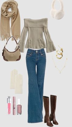 Winter outfit, off shoulder, long sleeve, straight leg jeans, bootcut jeans, white gloves, beige scarf, sky high mascara, dior lipgloss, nailpolish, that girk Cold Winter Outfit, Winter Outfit Cute, Cute Winter Outfit, Outfit Cute, Cute Winter Outfits, Cute Everyday Outfits, Really Cute Outfits, Girly Outfits