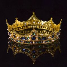 Europe Vintage Baroque Court Princess Party Bridal Tiara Men King Crown Crystal Pearl Round Metal Gold King Crown, Medieval Crown, Gold Bridal Crowns, Fantasy Crown, Crown King, Bridal Tiaras, King Crown, Bride Tiara, Royal Tiaras