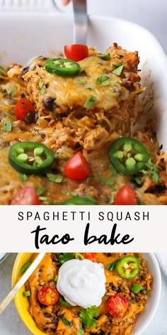 spaghetti and taco bake with text overlay