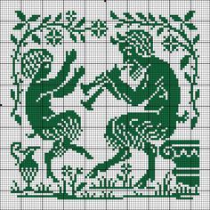 a cross stitch pattern with two people in green