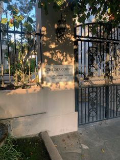 aluminum sign with black text installed next to entrance gate that reads "Chelsea Court" and the address Entrance Signs, Exterior Entrance, Sherman Oaks, Vinyl Signs