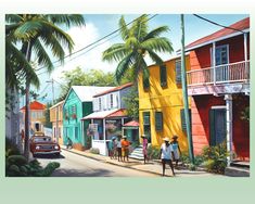 a painting of people walking down the street in front of colorful buildings and palm trees