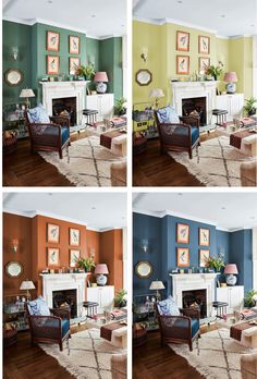 four different pictures of a living room with furniture and paintings on the wall behind them