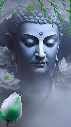 the buddha statue is surrounded by white flowers