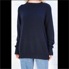 Price Firm Navy Classic Long Sleeve Sweater, Classic Navy Long Sleeve Sweater, Classic Blue Sweater With Ribbed Cuffs, Blue Sweater With Ribbed Collar For Work, Classic Blue Sweater With Ribbed Collar, Blue Classic Sweater With Ribbed Collar, Navy Knit Sweater With Ribbed Collar, Classic Navy Fine Knit Sweater, Navy Oversized Sweater For Fall