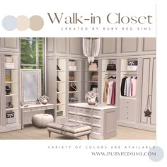 the walk in closet is filled with white furniture