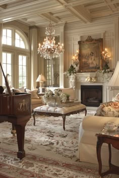 a living room filled with furniture and a grand piano