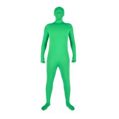 a man in a green bodysuit is standing on a white background with his head turned to the side