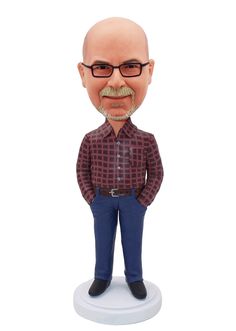 a bobble head with glasses and a shirt on