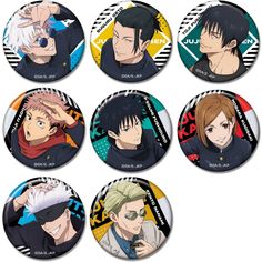 six anime buttons with the characters in them