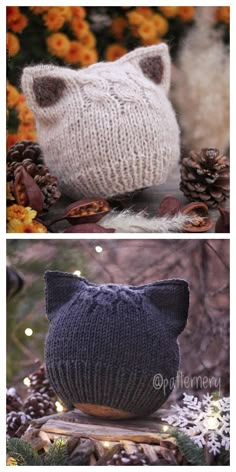 two knitted hats with cat ears and pine cones