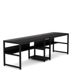 a black table with two shelves on each side and an open shelf below it for storage