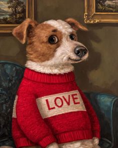 a painting of a dog wearing a red sweater with the word love on it's chest