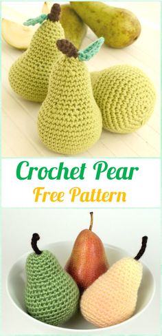 crochet pears are in a white bowl and one is green, the other is yellow