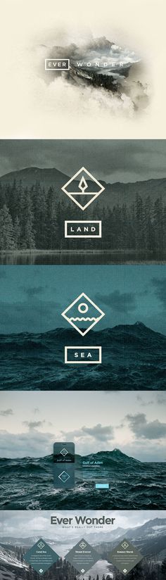 four different types of logos with mountains and trees in the background, all on one side