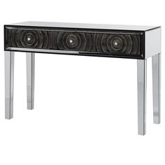 a black and silver console table with speakers on it