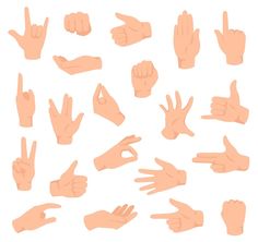 a collection of hand gestures and fingers on a white background with clipping area for text