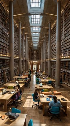 the library is full of students studying and doing their homework in it's long tables