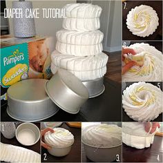 the steps to make a diaper cake with white icing and butter on top