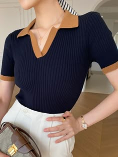 Women's T-shirt Polo Collar Short Sleeve Fashion Blouses  Female Slim Knitted Tee White Skinny Casual Women Summer Tank Top - Green / One Size Knitted Tee, Fashion Blouses, Chic Shirts, Sleeve Fashion, Summer Tank, Collars For Women, Summer Tank Tops, Elegant Shirt