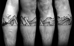 three different tattoos on the legs of people with long hair and water waves in them